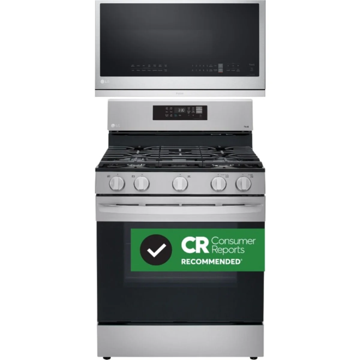 LG 2-Piece Package LRGL5823S 30 Inch Gas Smart Range and MVEL2137F 30 Inch Over-the-Range Smart Microwave Oven