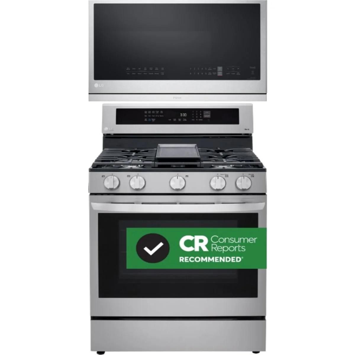 LG 2-Piece Package LRGL5825F 30 Inch Freestanding Gas Smart Range and MVEL2137F 30 Inch Over-the-Range Smart Microwave Oven