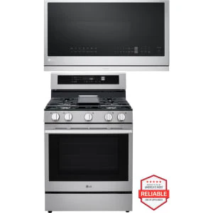 LG 2-Piece Package LRGN6325X 30 Inch Freestanding Smart Gas Range and MVEL2137F 30 Inch Over-the-Range Smart Microwave Oven