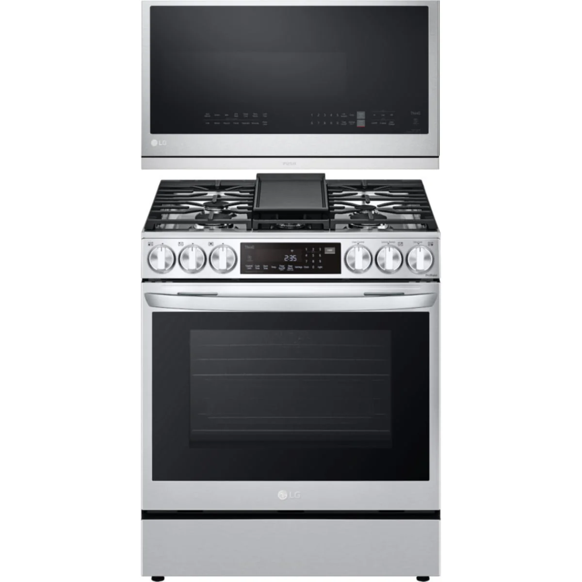 LG 2-Piece Package LSGL6335F 30 Inch Smart Instaview™ Slide-in Gas Range wi and MVEL2137F 30 Inch Over-the-Range Smart Microwave Oven