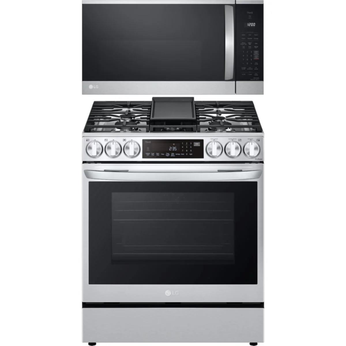 LG 2-Piece Package LSGL6335F 30 Inch Smart Instaview™ Slide-in Gas Range wi and MVEM1825F 30 Inch Over-the-Range Smart Microwave Oven