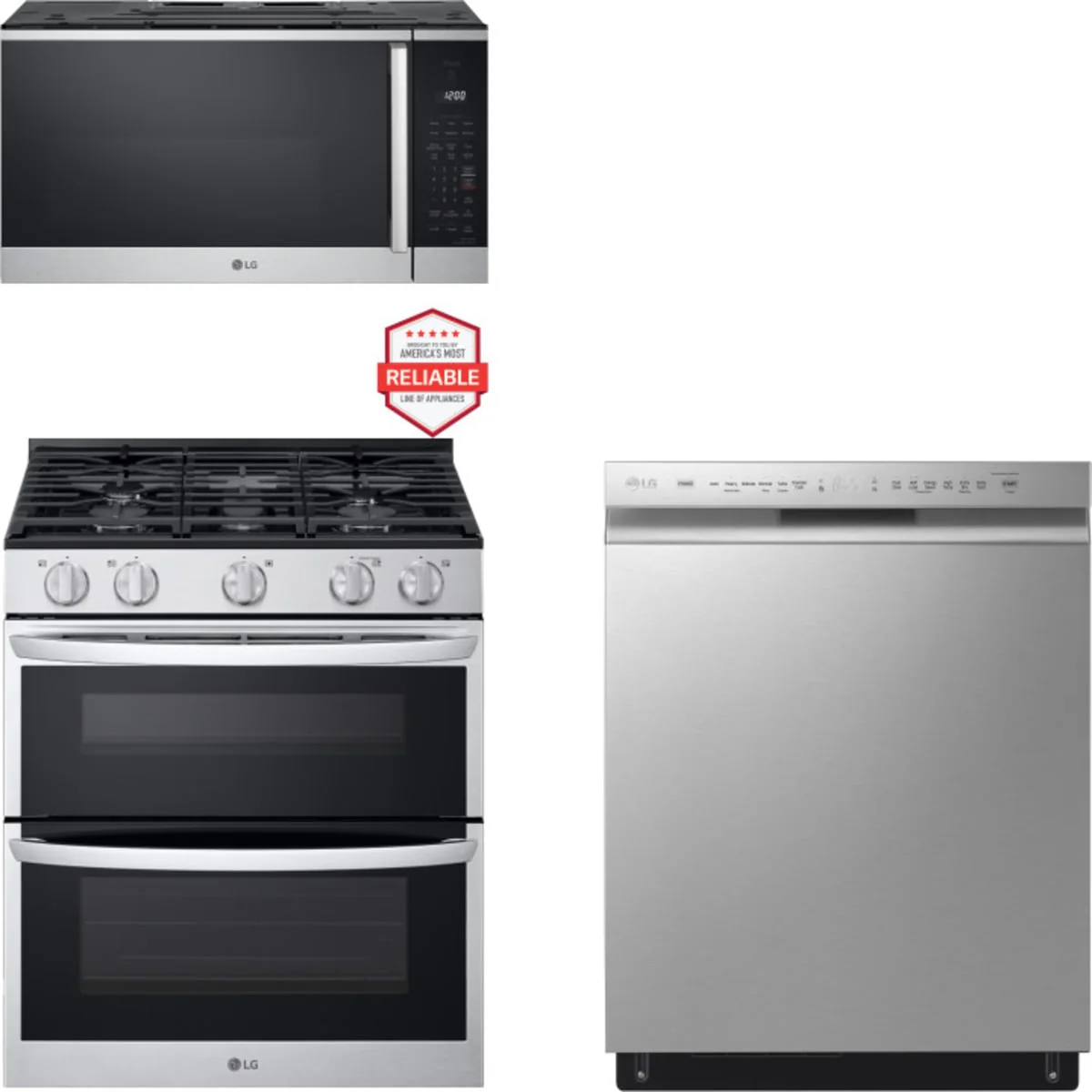 LG 3-Piece Package LDGL6924S 30 Inch Double Gas Oven Range and LDFN4542S 24 Inch Full Console Dishwasher and MVEM1825X 1.8 Cu. Ft. Over-the-Range Smart Microwave Ove