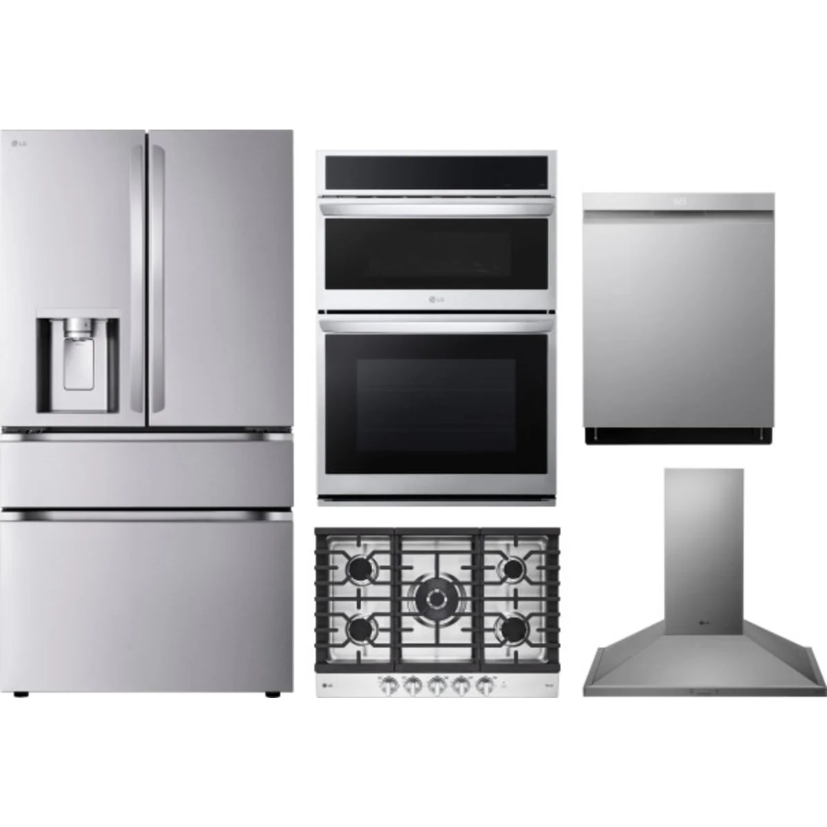 LG 5-Piece Package LF29H8330S 36 Smart 4-Door French-Door Refrigerator and CBGJ3027S 30 Gas Smart Cooktop and WCEP6427F 30 Built-In Smart Combination Wall Oven and LDPS6762S 24 Integrated Built-In Smart Dishwasher and HCED3015S 30 Wall Mount Range Hood