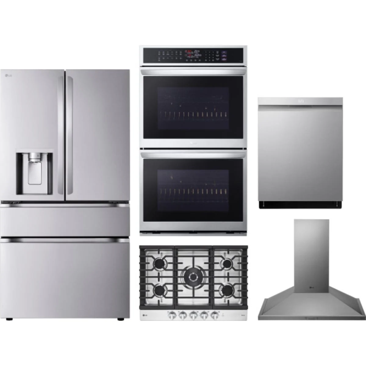 LG 5-Piece Package LF29H8330S 36 Smart 4-Door French-Door Refrigerator and CBGJ3027S 30 Gas Smart Cooktop and WDEP9427F 30 Smart Double Electric Wall Oven and LDPS6762S 24 Integrated Built-In Smart Dishwasher and HCED3015S 30 Wall Mount Range Hood