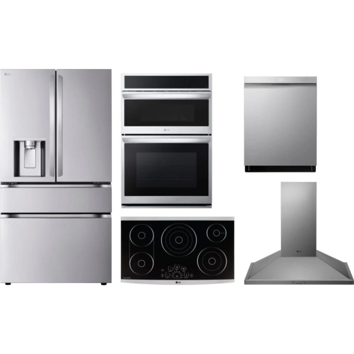 LG 5-Piece Package LF29H8330S 36 Smart 4-Door French-Door Refrigerator and LSCE365ST 36 Smoothtop Electric Cooktop and WCEP6427F 30 Combination Wall Oven and LDPS6762S 24 Integrated Dishwasher and HCED3615S 36 Hood