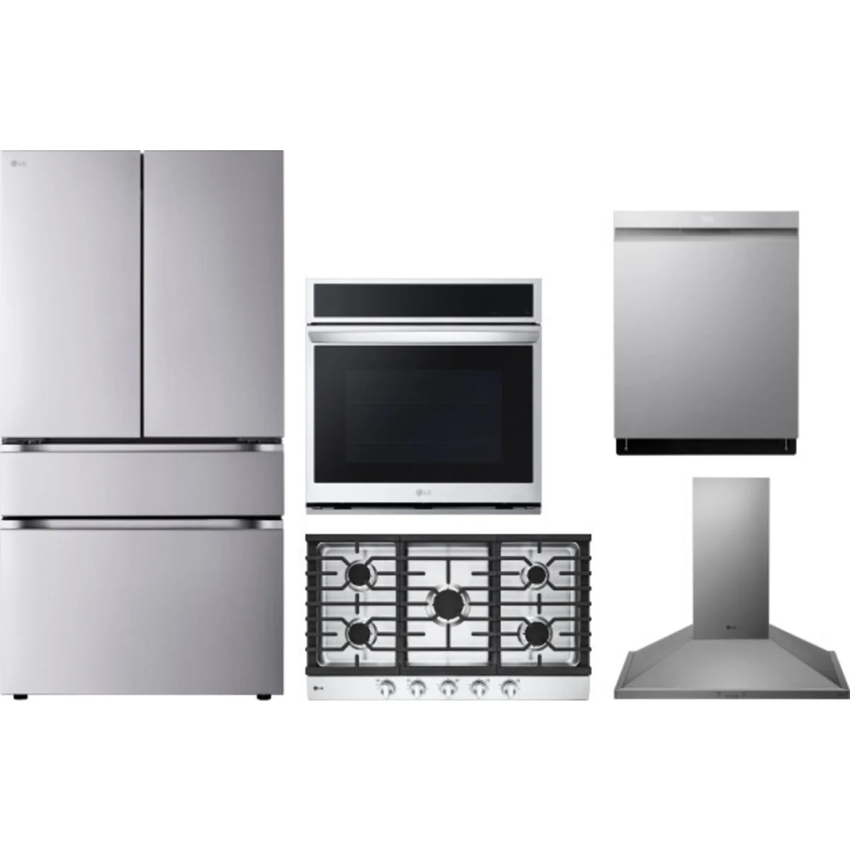 LG 5-Piece Package LF30S8210S 36 Smart 4-Door French-Door Refrigerator and LDPS6762S 24 Integrated Built-In Smart Dishwasher and WSEP4727F 30 Single Electric Smart Wall Oven and CBGJ3623S 36 Gas Cooktop and HCED3015S 30 Wall Mount Range Hood