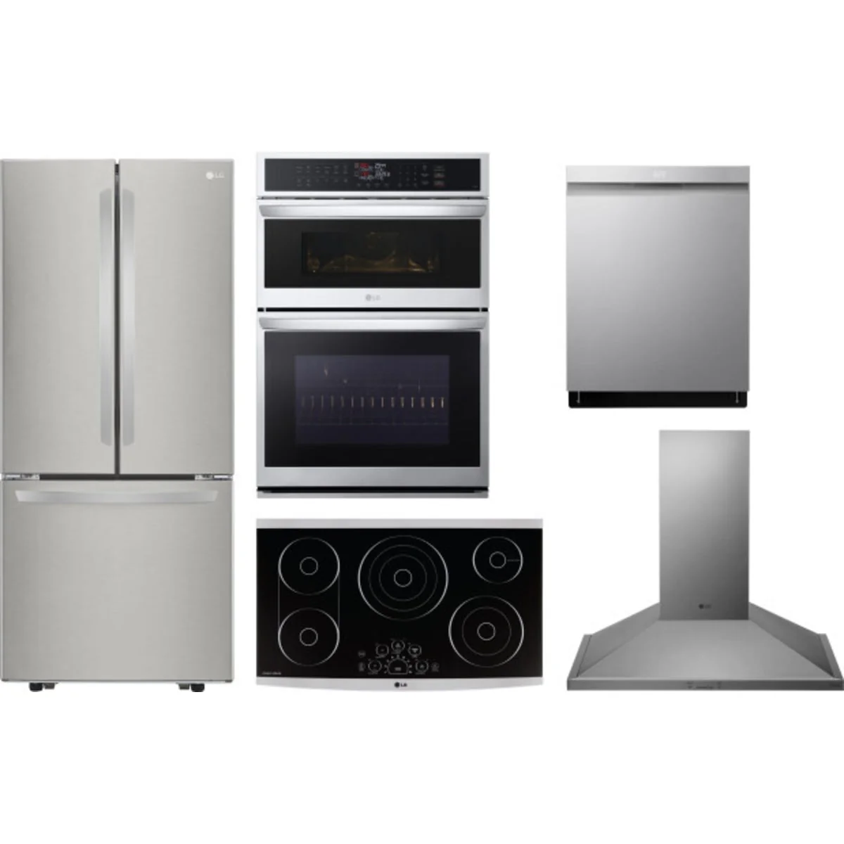 LG 5-Piece Package LFCS22520S 30 French-Door Refrigerator and LSCE365ST 36 Smoothtop Electric Cooktop and WCEP6423F 30 Built-In Smart Combination Wall Oven and LDPH7972S 24 Integrated Smart Dishwasher and HCED3615S 36 Wall Mount Range Hood