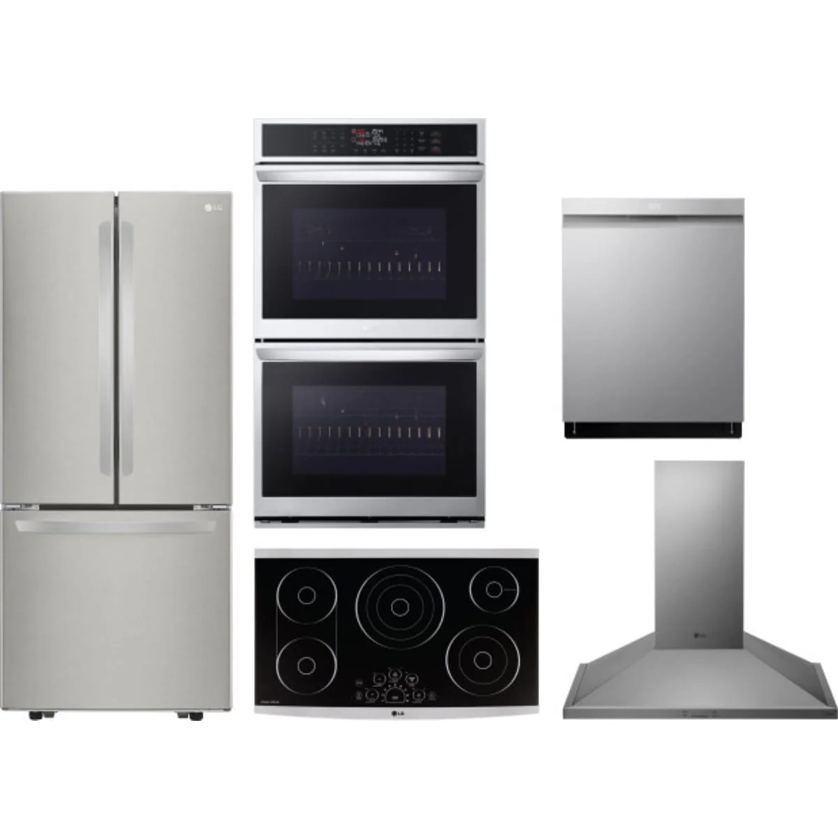 LG 5-Piece Package LFCS22520S 30 French-Door Refrigerator and LSCE365ST 36 Smoothtop Electric Cooktop and WDEP9423F 30 Double Electric Smart Wall Oven and LDPH7972S 24 Integrated Smart Dishwasher and HCED3615S 36 Wall Mount Range Hood