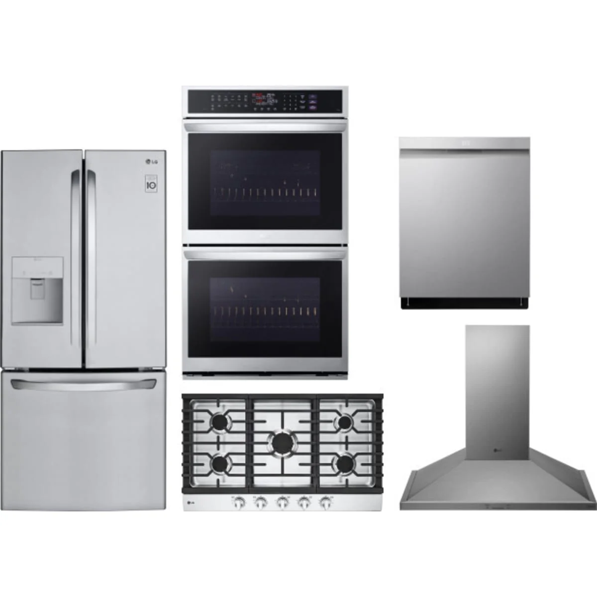 LG 5-Piece Package LFDS22520S 30 French-Door Refrigerator and CBGJ3623S 36 Gas Cooktop and WDEP9427F 30 Smart Double Electric Wall Oven and LDPS6762S 24 Integrated Built-In Smart Dishwasher and HCED3615S 36 Wall Mount Range Hood