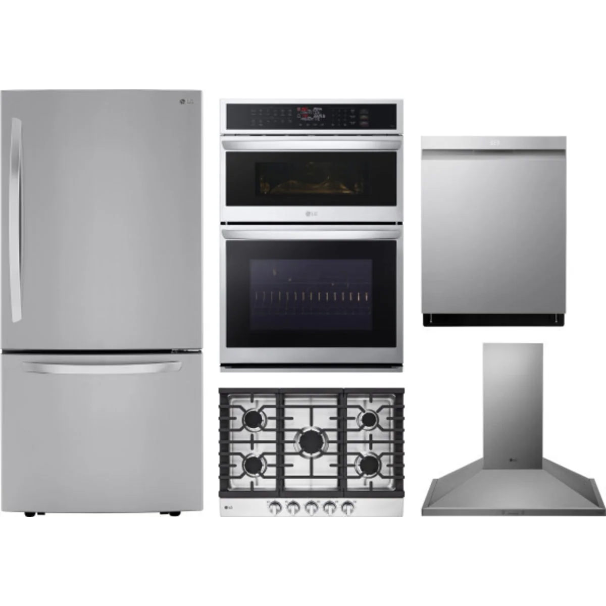 LG 5-Piece Package LRDCS2603S 33 Freestanding Bottom Freezer Refrigerator and CBGJ3023S 30 Gas Cooktop and WCEP6423F 30 Built-In Smart Combination Wall Oven and LDPH7972S 24 Integrated Smart Dishwasher and HCED3015S 30 Wall Mount Range Hood