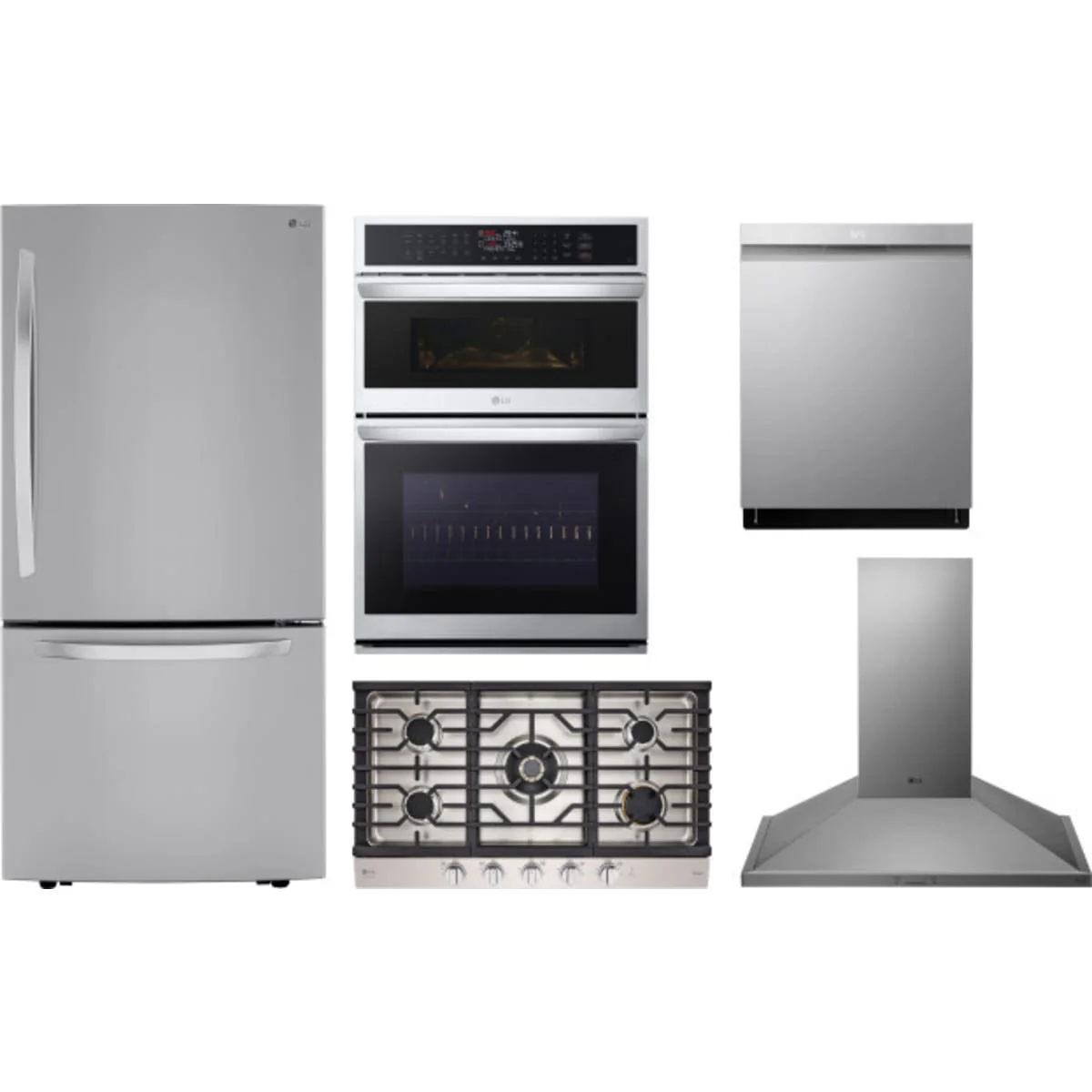 LG 5-Piece Package LRDCS2603S 33 Freestanding Bottom Freezer Refrigerator and CBGS3628S Gas Cooktop and WCEP6423F 30 Built-In Smart Combination Wall Oven and LDPH7972S 24 Integrated Smart Dishwasher and HCED3615S 36 Wall Mount Range Hood