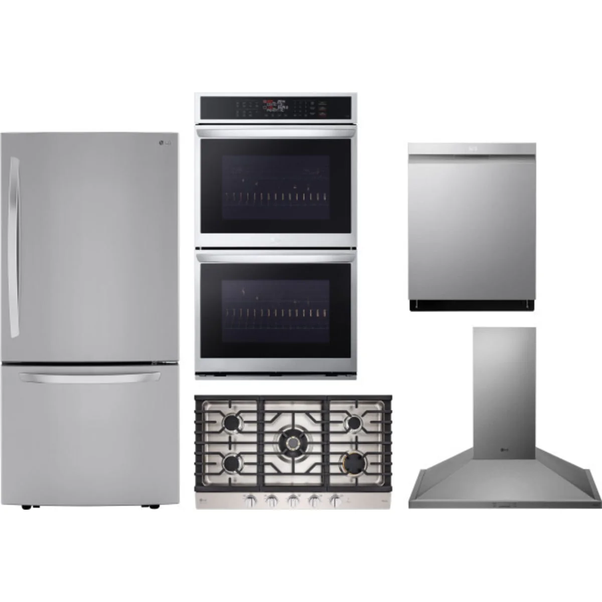 LG 5-Piece Package LRDCS2603S 33 Freestanding Bottom Freezer Refrigerator and CBGS3628S Gas Cooktop and WDEP9423F 30 Double Electric Smart Wall Oven and LDPH7972S 24 Integrated Smart Dishwasher and HCED3615S 36 Wall Mount Range Hood