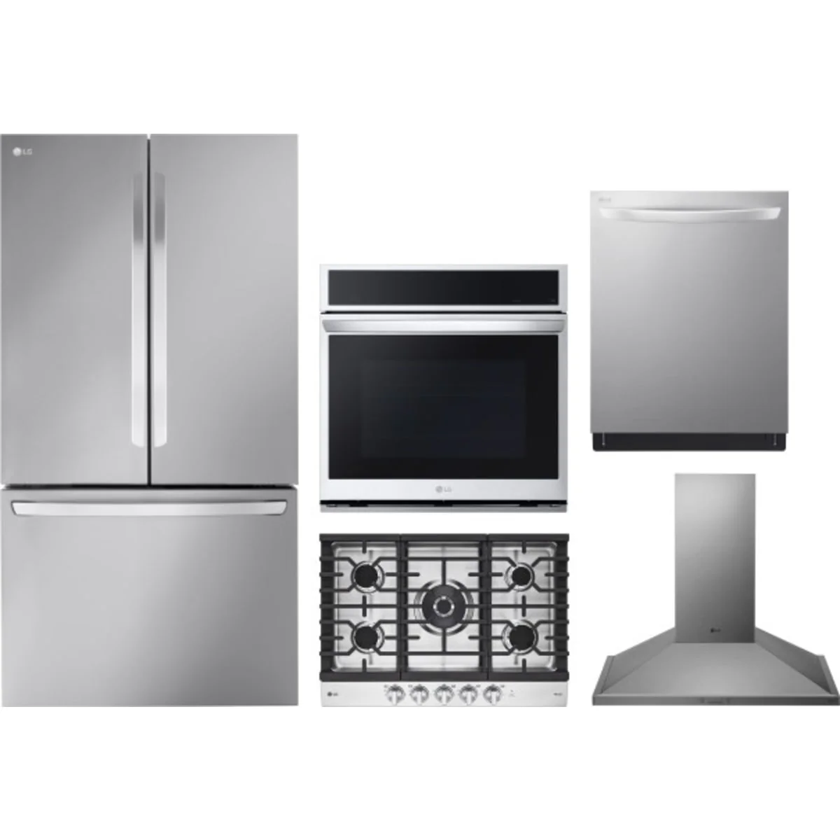 LG 5-Piece Package LRFLC2706S 36 Smart Freestanding Counter-Depth MAX™ French-Door Refrigerator wi and WSEP4727F 30 Wall Oven and CBGJ3027S 30 Cooktop and LDTS5552S 24 Integrated Dishwasher and HCED3015S 30 Hood