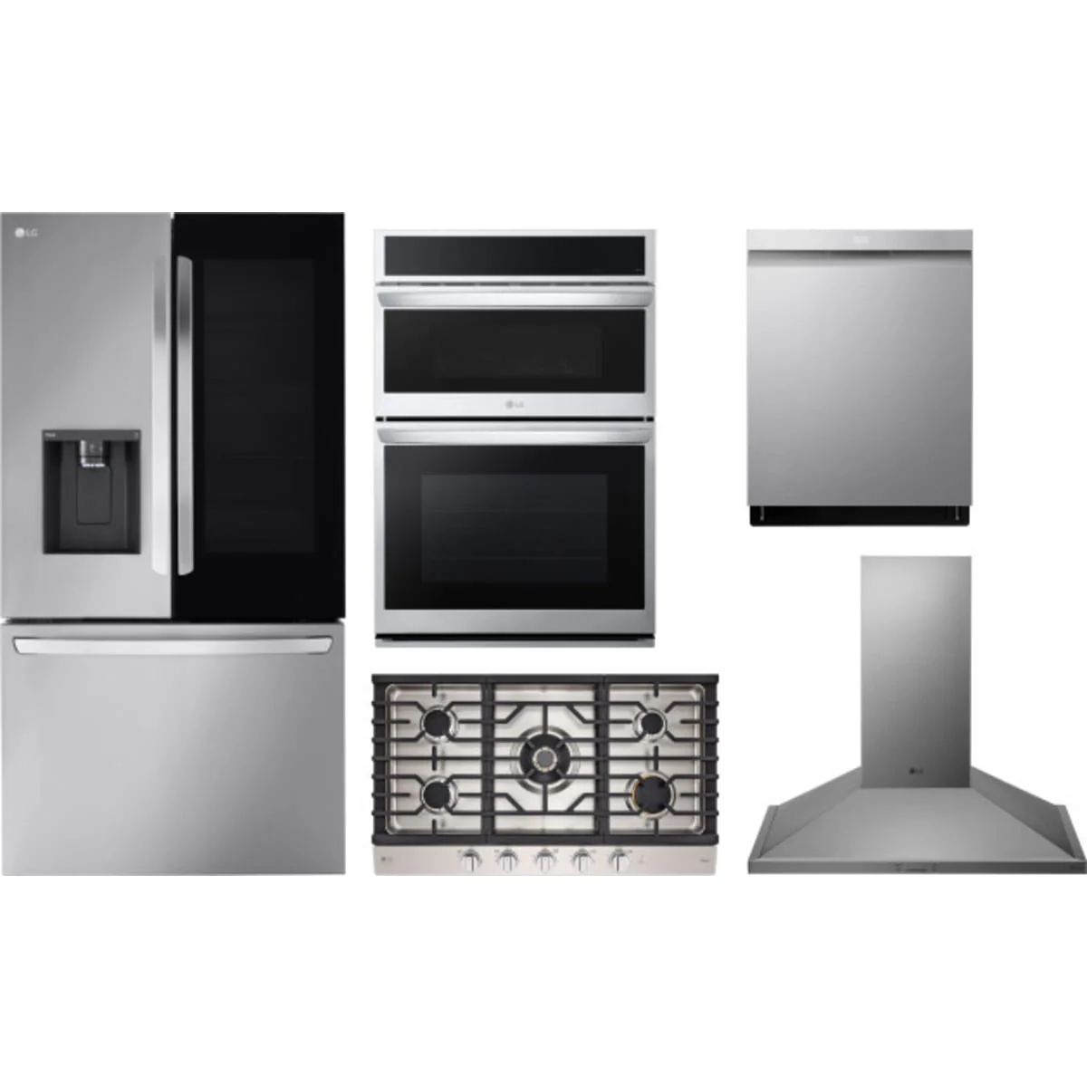 LG 5-Piece Package LRFOC2606S 36 Counter-Depth MAX™ Smart French-Door Refrigerator wi and CBGS3628S Cooktop and WCEP6427F 30 Combination Wall Oven and LDPS6762S 24 Integrated Dishwasher and HCED3615S 36 Hood