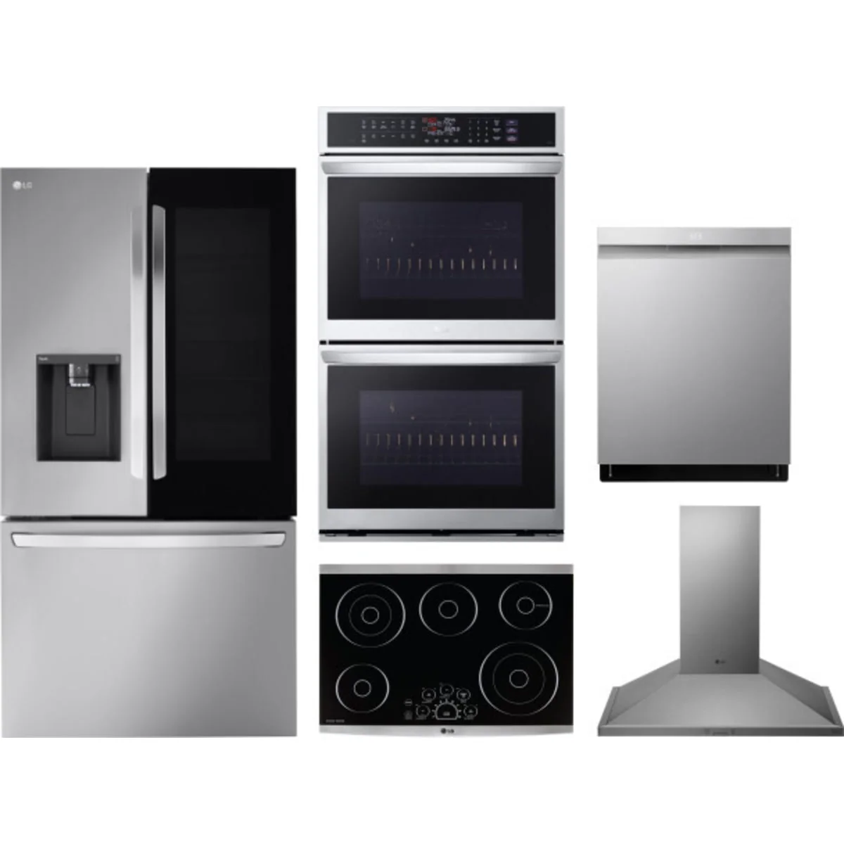 LG 5-Piece Package LRFOC2606S 36 Counter-Depth MAX™ Smart French-Door Refrigerator wi and LSCE305ST 30 Smoothtop Electric Cooktop and WDEP9427F 30 Wall Oven and LDPS6762S 24 Integrated Dishwasher and HCED3015S 30 Hood