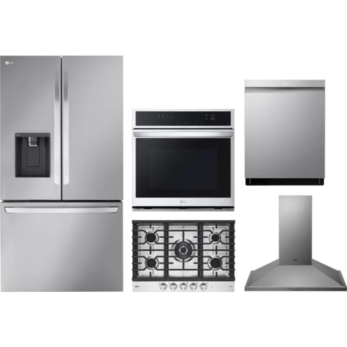 LG 5-Piece Package LRFXS3106S 36 Smart Depth MAX French-Door Refrigerator and CBGJ3027S 30 Gas Smart Cooktop and WSEP4723F 30 Single Electric Smart Wall Oven and LDPH7972S 24 Integrated Smart Dishwasher and HCED3015S 30 Wall Mount Range Hood