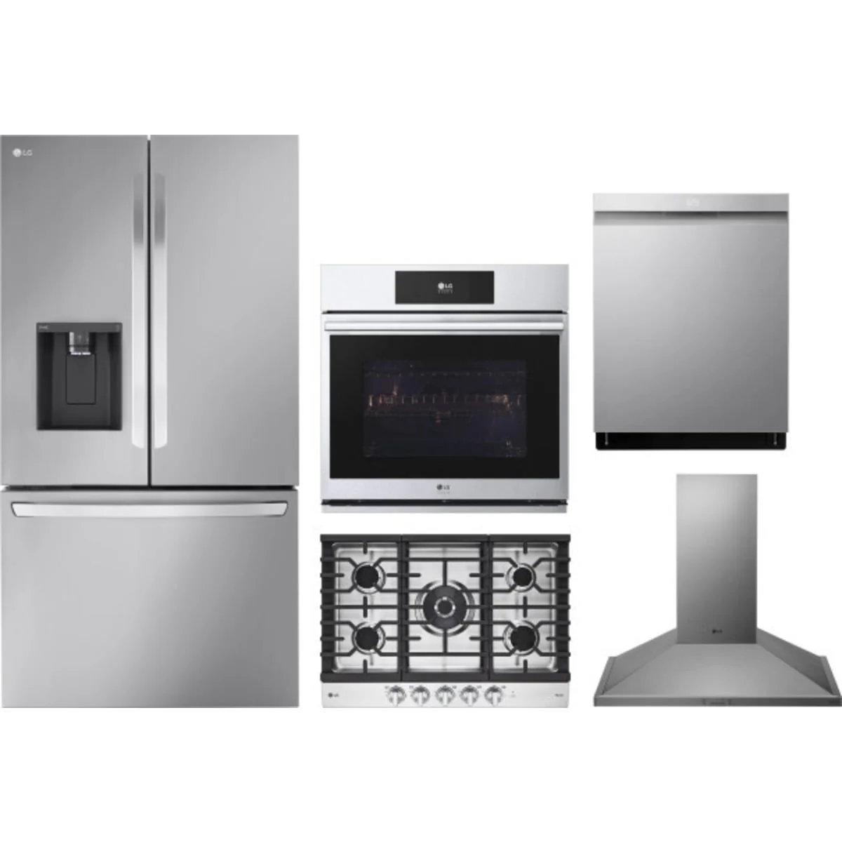 LG 5-Piece Package LRFXS3106S 36 Smart Depth MAX French-Door Refrigerator and CBGJ3027S 30 Gas Smart Cooktop and WSES4728F 30 Smart Electric Single Wall Oven and LDPH7972S 24 Integrated Smart Dishwasher and HCED3015S 30 Wall Mount Range Hood