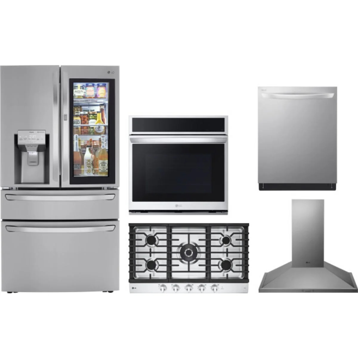 LG 5-Piece Package LRMVS3006S 36 Smart French-Door Craft Ice™ Refrigerator wi and LDTS5552S 24 Integrated Smart Dishwasher and WSEP4727F 30 Single Electric Smart Wall Oven and CBGJ3627S 36 Gas Smart Cooktop and HCED3015S 30 Wall Mount Range Hood