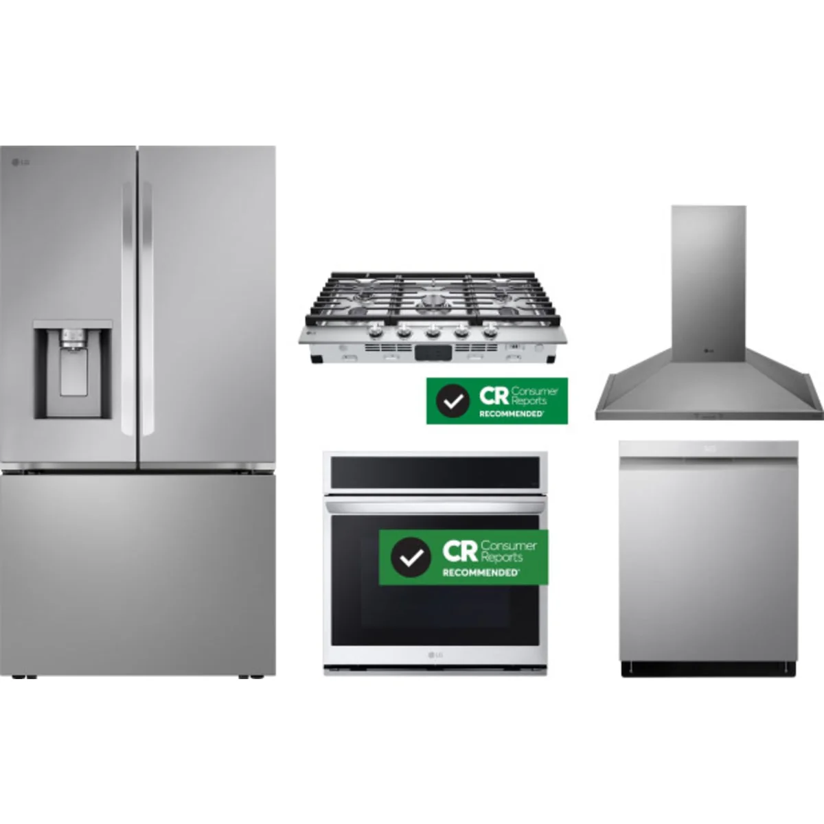LG 5-Piece Package LRRXC2606S 36 Counter-Depth MAX™ French-Door Smart Refrigerator wi and LDPS6762S 24 Integrated Dishwasher and WSEP4727F 30 Wall Oven and CBGJ3623S 36 Cooktop and HCED3015S 30 Hood