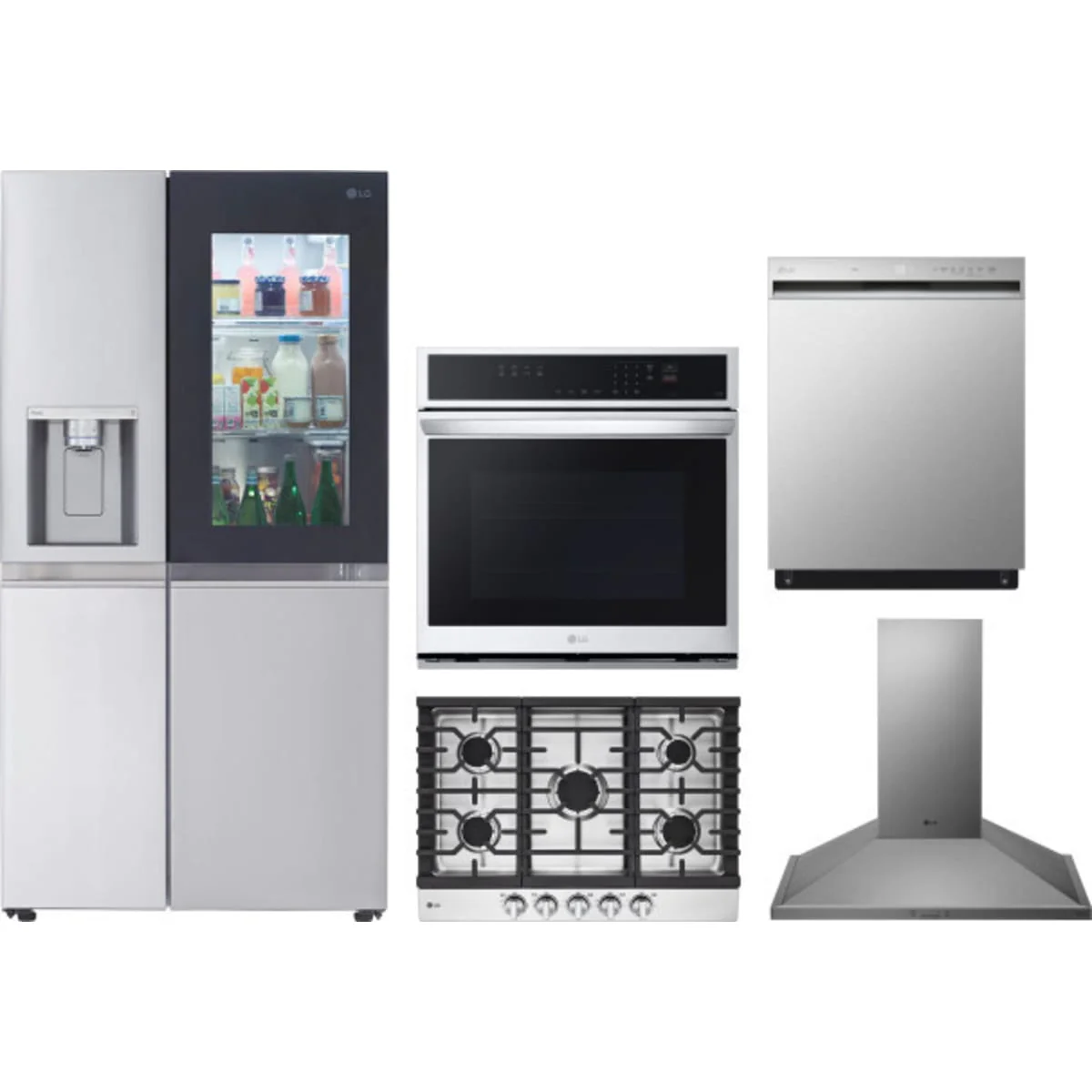 LG 5-Piece Package LRSOS2706S 36 Freestanding Side by Side Smart Refrigerator and CBGJ3023S 30 Gas Cooktop and WSEP4723F 30 Single Electric Smart Wall Oven and LDFN3432T 24 Full Console Dishwasher and HCED3015S 30 Wall Mount Range Hood