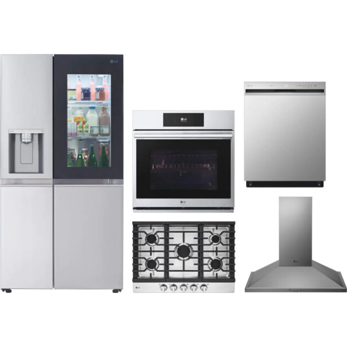 LG 5-Piece Package LRSOS2706S 36 Freestanding Side by Side Smart Refrigerator and CBGJ3023S 30 Gas Cooktop and WSES4728F 30 Smart Electric Single Wall Oven and LDFN3432T 24 Full Console Dishwasher and HCED3015S 30 Wall Mount Range Hood