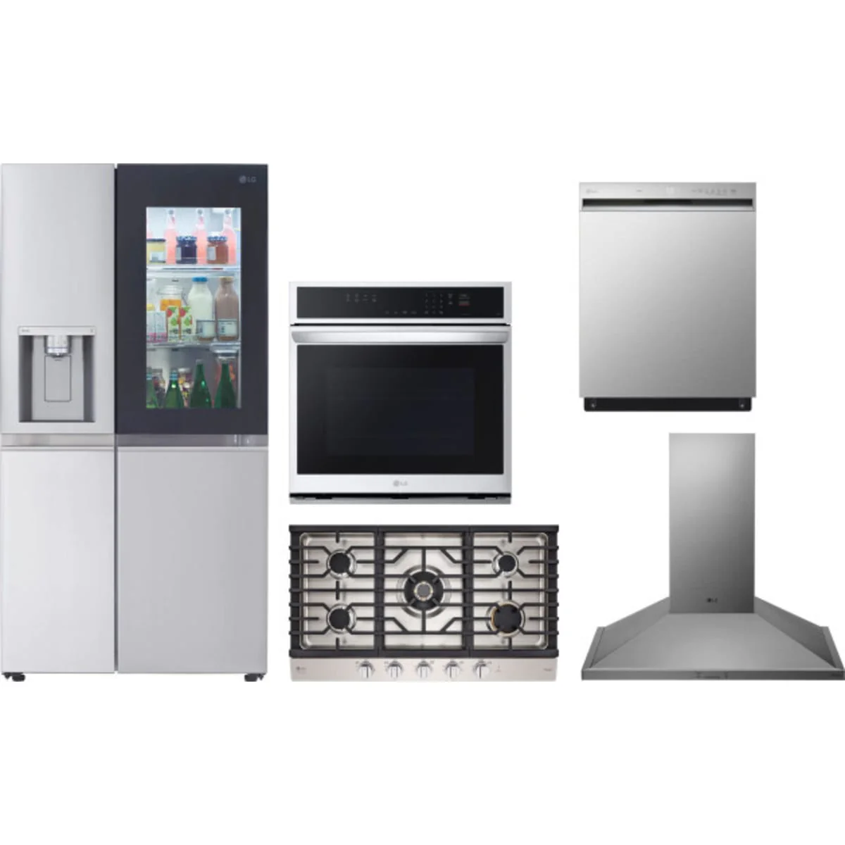 LG 5-Piece Package LRSOS2706S 36 Freestanding Side by Side Smart Refrigerator and CBGS3628S Gas Cooktop and WSEP4723F 30 Single Electric Smart Wall Oven and LDFN3432T 24 Full Console Dishwasher and HCED3615S 36 Wall Mount Range Hood