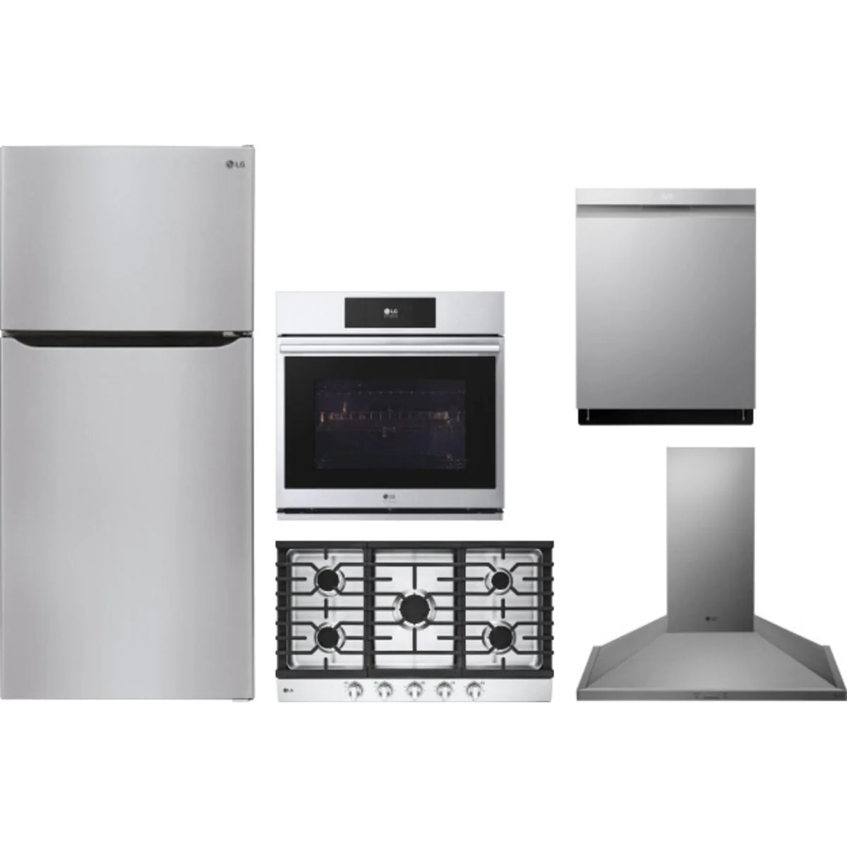 LG 5-Piece Package LRTLS2403S 33 Top Freezer Refrigerator and CBGJ3623S 36 Gas Cooktop and WSES4728F 30 Smart Electric Single Wall Oven and LDPH7972S 24 Integrated Smart Dishwasher and HCED3615S 36 Wall Mount Range Hood