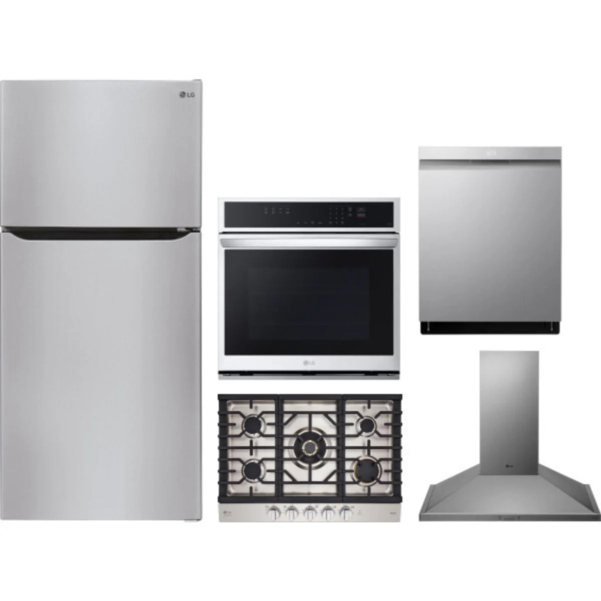 LG 5-Piece Package LRTLS2403S 33 Top Freezer Refrigerator and CBGS3028S 30 Gas Cooktop and WSEP4723F 30 Single Electric Smart Wall Oven and LDPH7972S 24 Integrated Smart Dishwasher and HCED3015S 30 Wall Mount Range Hood