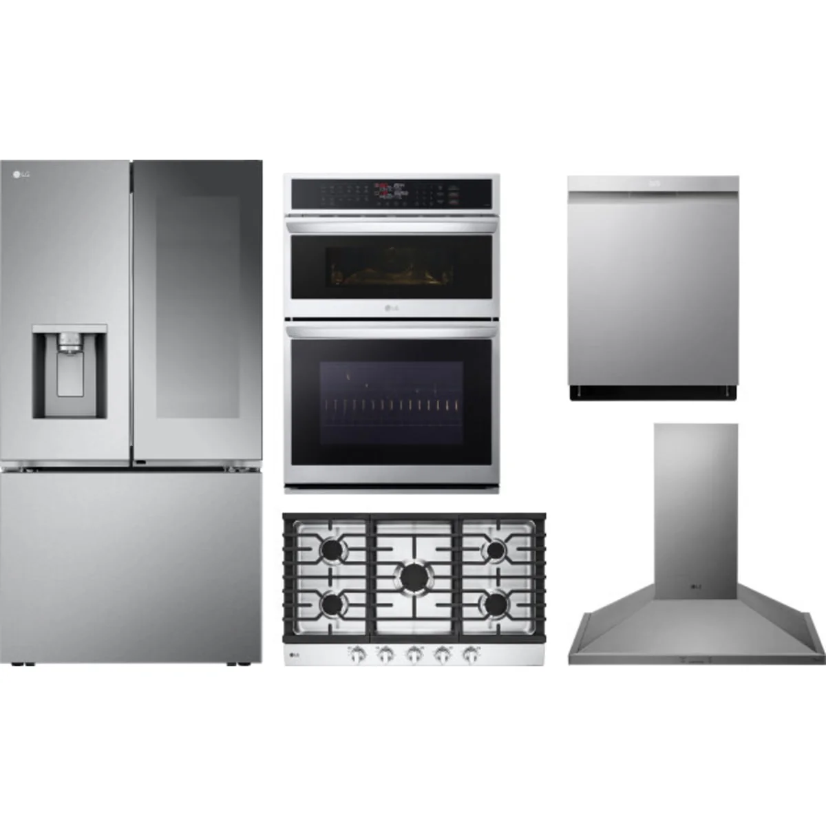 LG 5-Piece Package LRYKC2606S 36 Counter-Depth MAX™ Smart French-Door Refrigerator wi and CBGJ3623S 36 Gas Cooktop and WCEP6423F 30 Built-In Smart Combination Wall Oven and LDPH7972S 24 Integrated Smart Dishwasher and HCED3615S 36 Wall Mount Range Hood