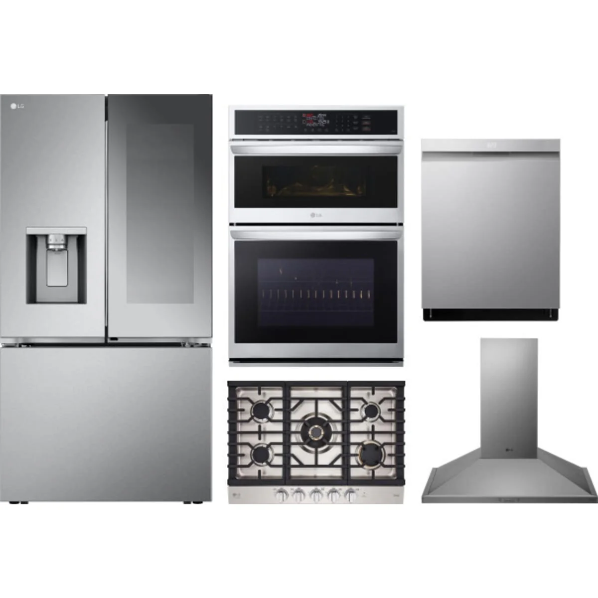 LG 5-Piece Package LRYKC2606S 36 Counter-Depth MAX™ Smart French-Door Refrigerator wi and CBGS3028S 30 Gas Cooktop and WCEP6423F 30 Built-In Smart Combination Wall Oven and LDPH7972S 24 Integrated Smart Dishwasher and HCED3015S 30 Wall Mount Range Hood