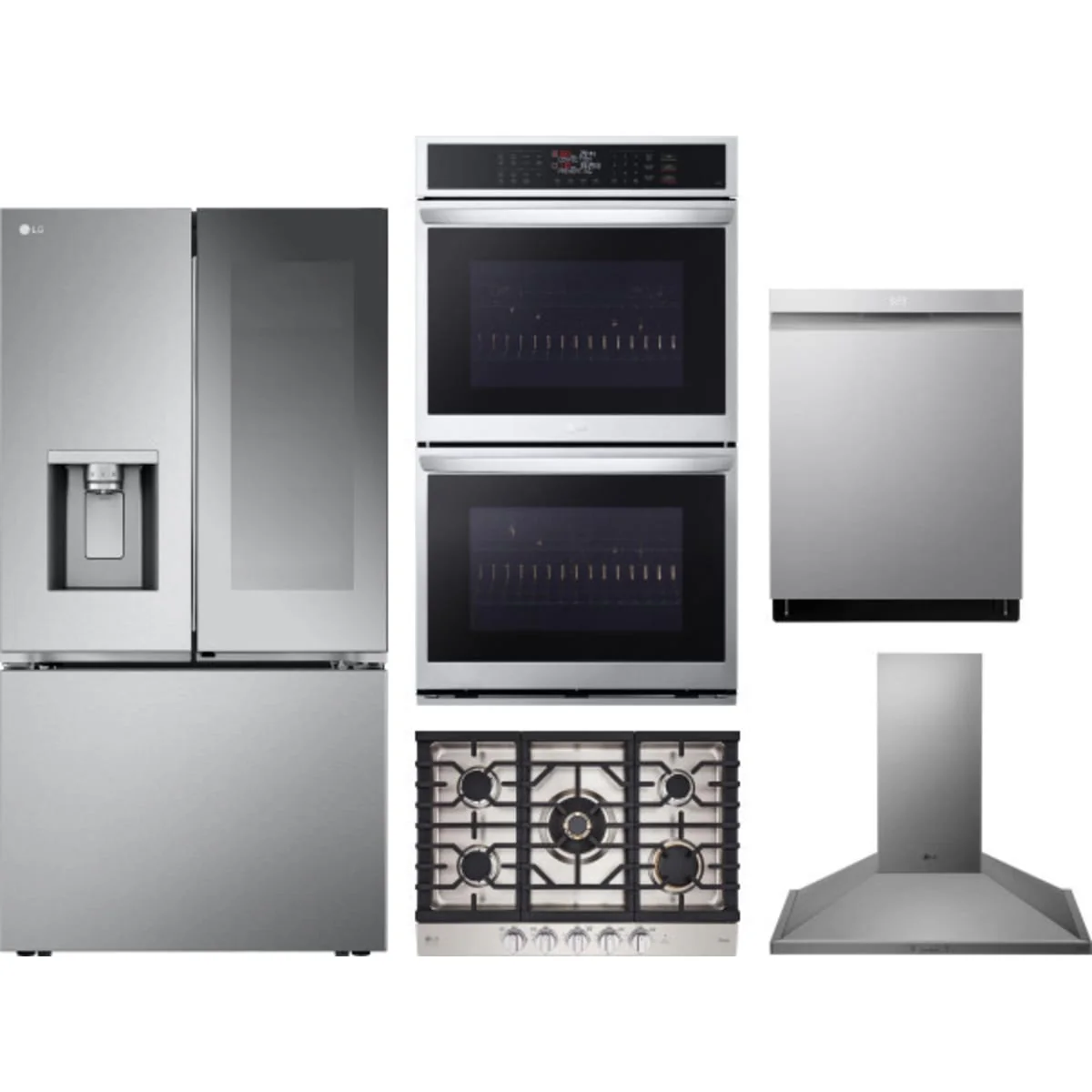 LG 5-Piece Package LRYKC2606S 36 Counter-Depth MAX™ Smart French-Door Refrigerator wi and CBGS3028S 30 Gas Cooktop and WDEP9423F 30 Double Electric Smart Wall Oven and LDPH7972S 24 Integrated Smart Dishwasher and HCED3015S 30 Wall Mount Range Hood