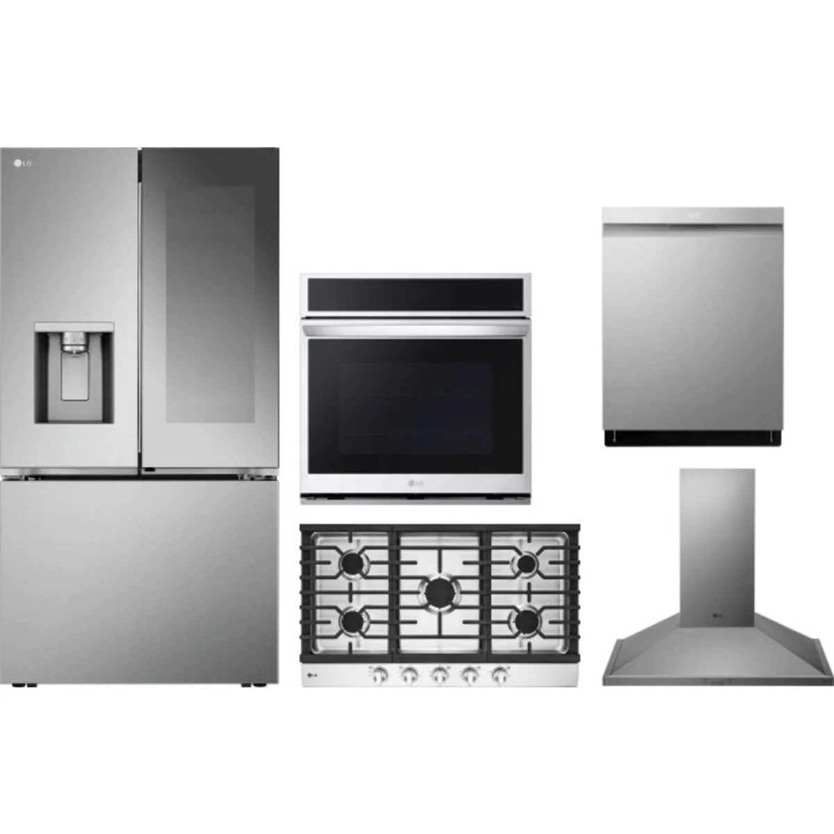 LG 5-Piece Package LRYKC2606S 36 Counter-Depth MAX™ Smart French-Door Refrigerator wi and LDPS6762S 24 Integrated Dishwasher and WSEP4727F 30 Wall Oven and CBGJ3623S 36 Cooktop and HCED3015S 30 Hood