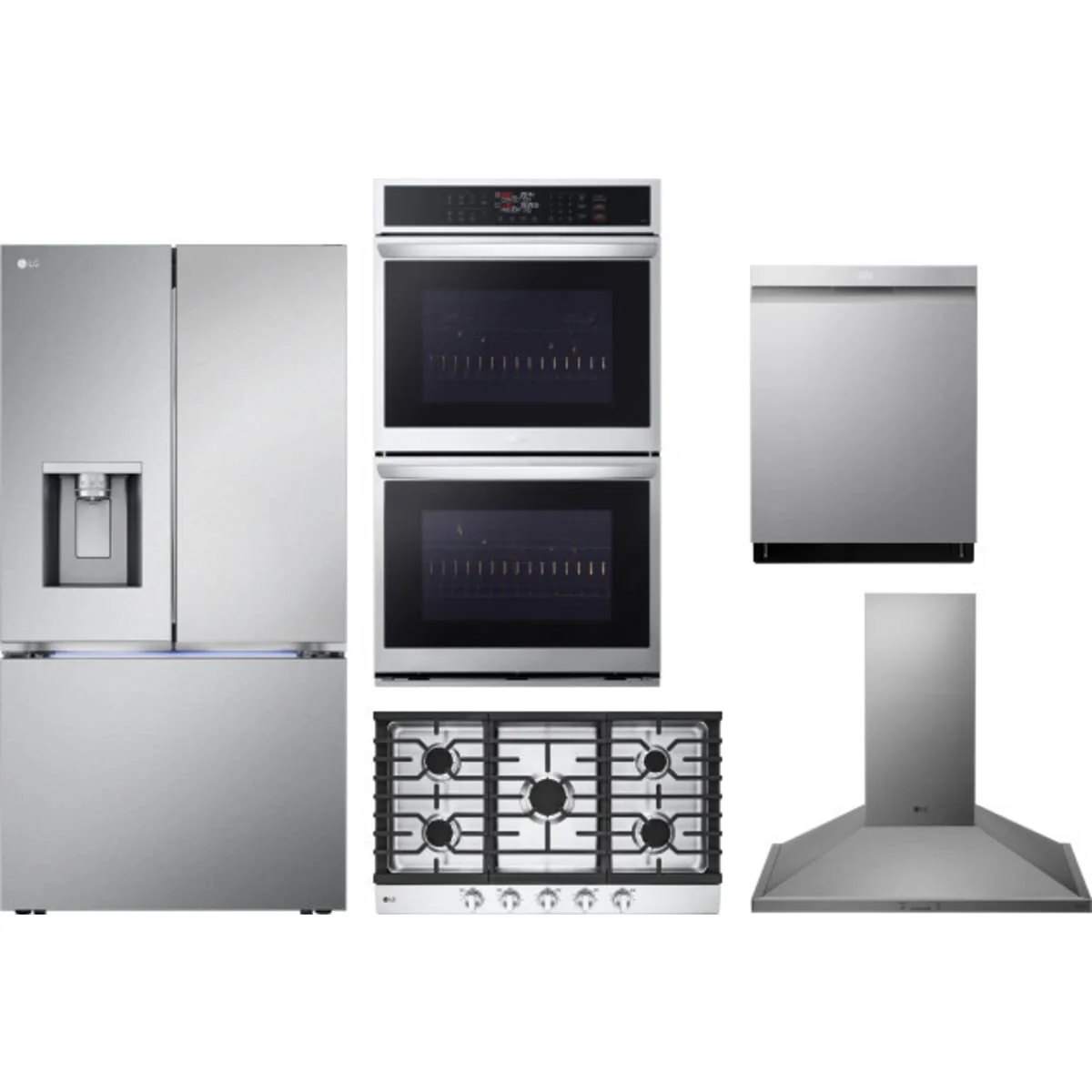 LG 5-Piece Package LRYXC2606S 36 Counter-Depth MAX™ Freestanding French-Door Smart Refrigerator wi and CBGJ3623S 36 Cooktop and WDEP9423F 30 Wall Oven and LDPH7972S 24 Integrated Dishwasher and HCED3615S 36 Hood
