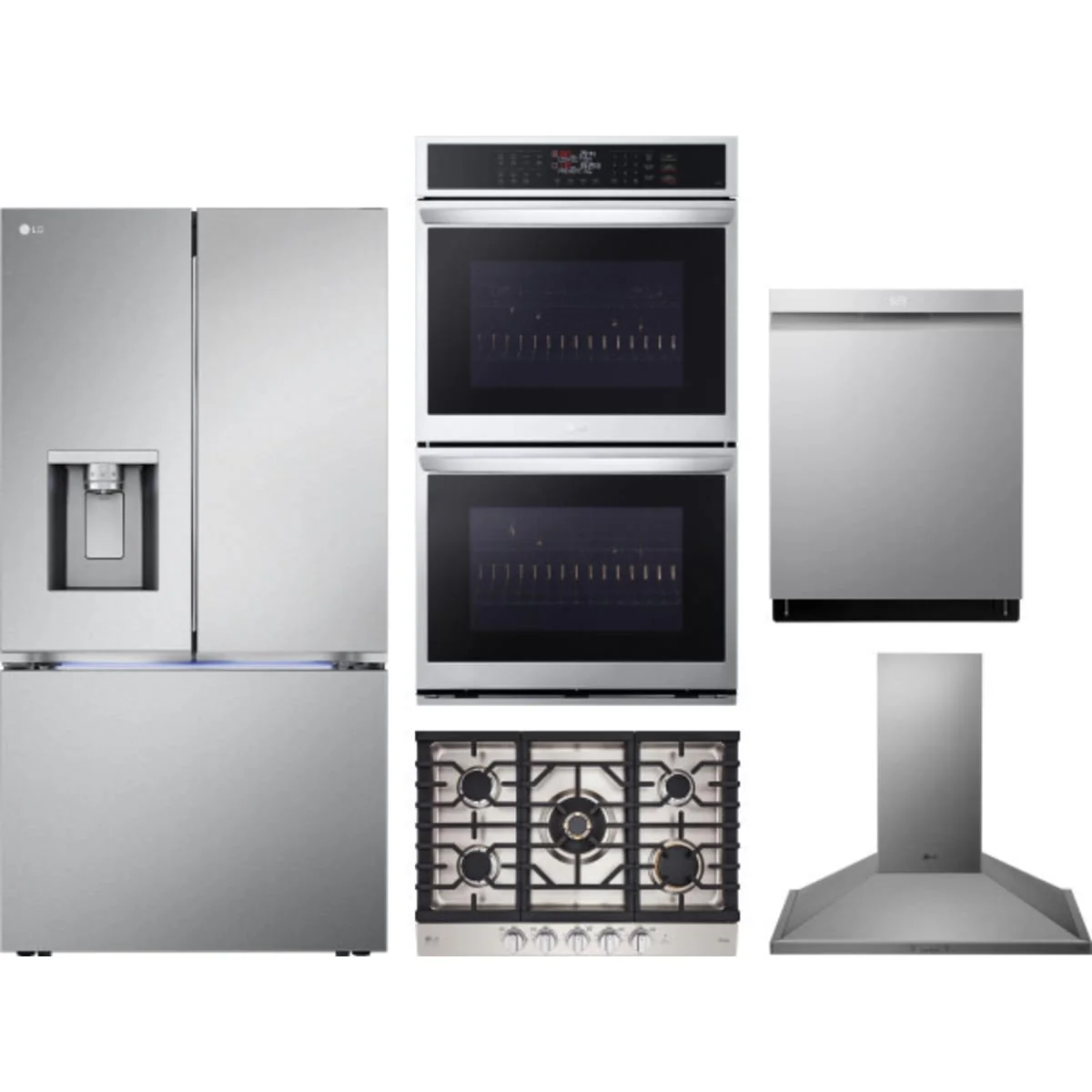 LG 5-Piece Package LRYXC2606S 36 Counter-Depth MAX™ Freestanding French-Door Smart Refrigerator wi and CBGS3028S 30 Cooktop and WDEP9423F 30 Wall Oven and LDPH7972S 24 Integrated Dishwasher and HCED3015S 30 Hood