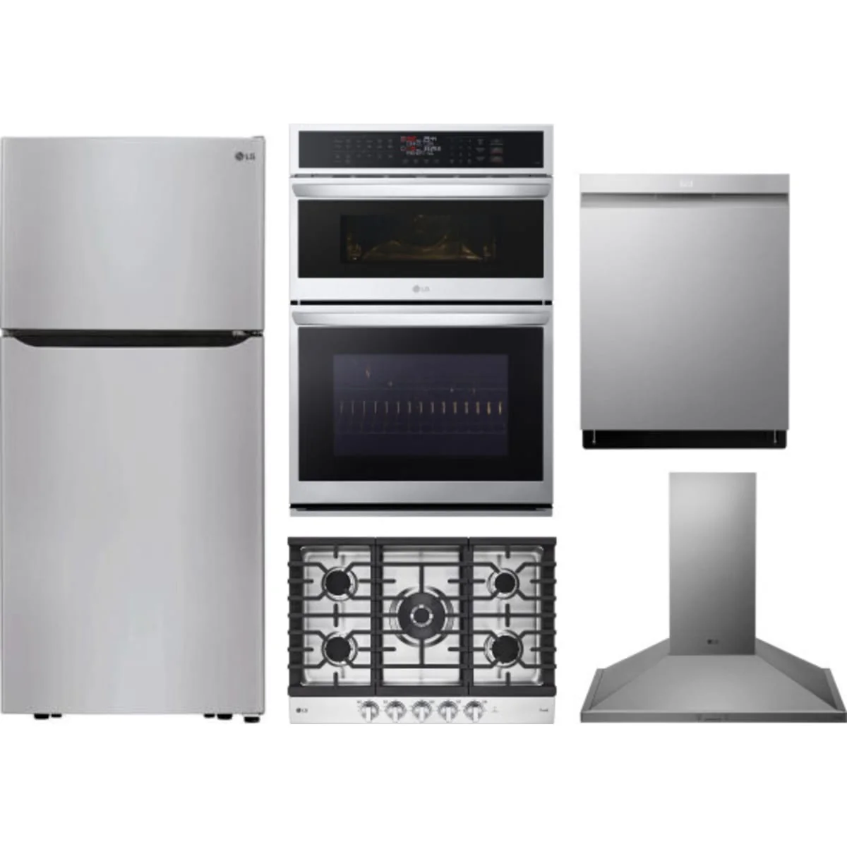 LG 5-Piece Package LTCS20020S 30 Top Freezer Refrigerator and CBGJ3027S 30 Gas Smart Cooktop and WCEP6423F 30 Built-In Smart Combination Wall Oven and LDPH7972S 24 Integrated Smart Dishwasher and HCED3015S 30 Wall Mount Range Hood
