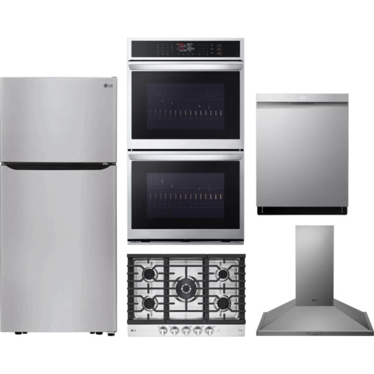 LG 5-Piece Package LTCS20020S 30 Top Freezer Refrigerator and CBGJ3027S 30 Gas Smart Cooktop and WDEP9423F 30 Double Electric Smart Wall Oven and LDPH7972S 24 Integrated Smart Dishwasher and HCED3015S 30 Wall Mount Range Hood
