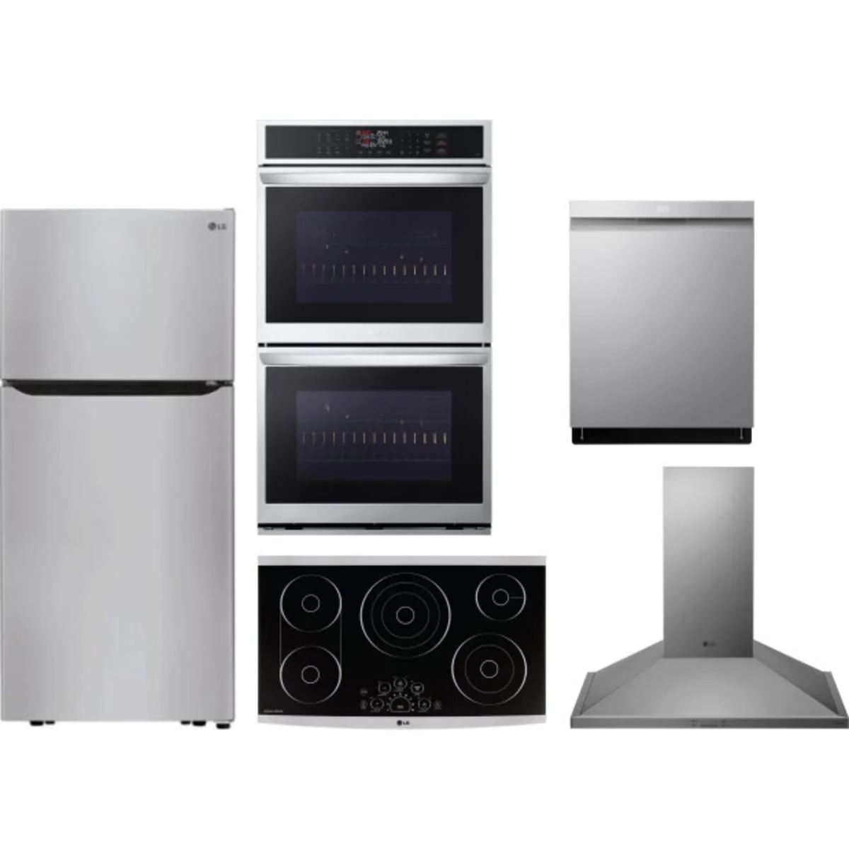 LG 5-Piece Package LTCS20020S 30 Top Freezer Refrigerator and LSCE365ST 36 Smoothtop Electric Cooktop and WDEP9423F 30 Double Electric Smart Wall Oven and LDPH7972S 24 Integrated Smart Dishwasher and HCED3615S 36 Wall Mount Range Hood