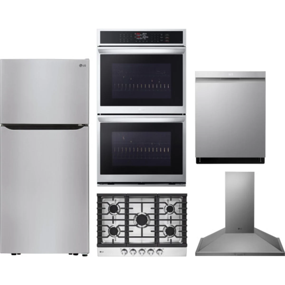 LG 5-Piece Package LTCS20030S 30 Top Freezer Refrigerator and CBGJ3023S 30 Gas Cooktop and WDEP9423F 30 Double Electric Smart Wall Oven and LDPH7972S 24 Integrated Smart Dishwasher and HCED3015S 30 Wall Mount Range Hood