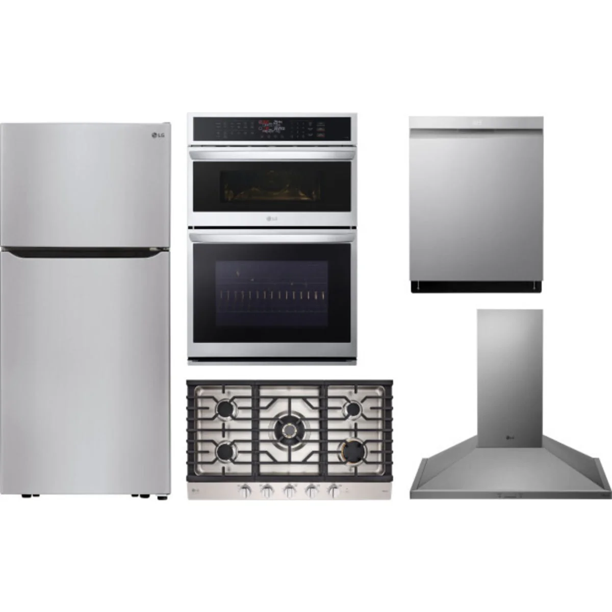 LG 5-Piece Package LTCS20030S 30 Top Freezer Refrigerator and CBGS3628S Gas Cooktop and WCEP6423F 30 Built-In Smart Combination Wall Oven and LDPH7972S 24 Integrated Smart Dishwasher and HCED3615S 36 Wall Mount Range Hood