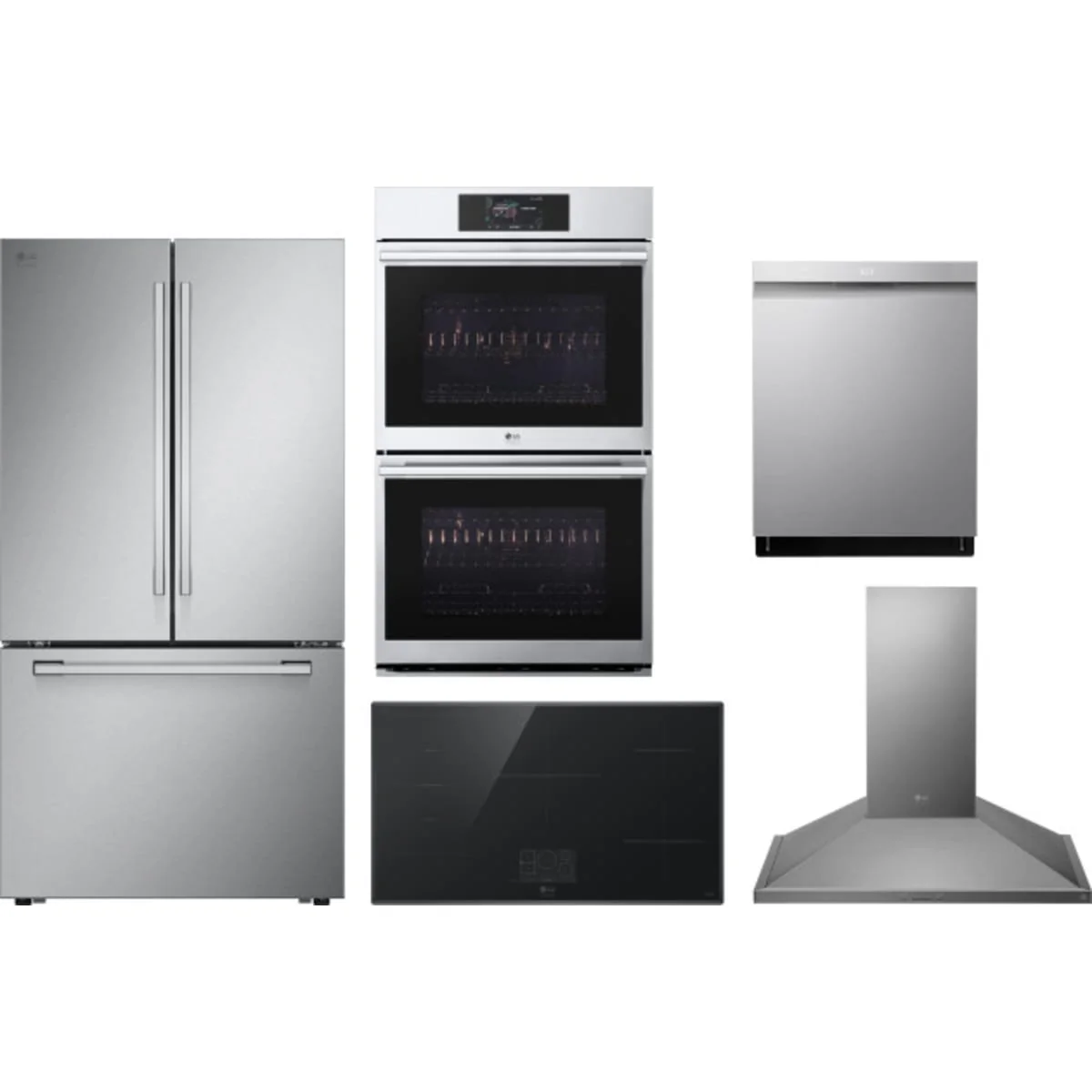 LG 5-Piece Package SRFB27S3 36 Counter-Depth Freestanding French-Door Smart Refrigerator and CBIS3618BE 36 Cooktop and LDPS6762S 24 Integrated Dishwasher and WDES9428F 30 Wall Oven and LSHD3680ST 36 Hood