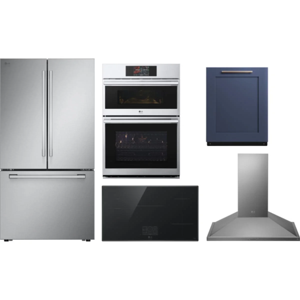 LG 5-Piece Package SRFB27S3 36 Counter-Depth Freestanding French-Door Smart Refrigerator and CBIS3618BE 36 Cooktop and WCES6428F 30 Combination Wall Oven and SDWD24P3 24 Integrated Dishwasher and LSHD3680ST 36 Hood