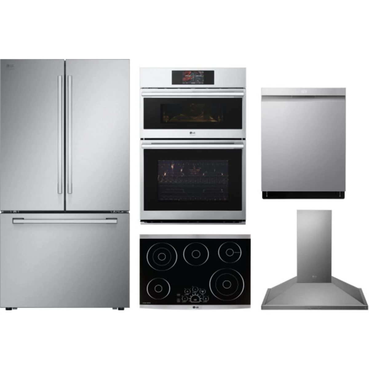 LG 5-Piece Package SRFB27S3 36 Counter-Depth Freestanding French-Door Smart Refrigerator and LSCE305ST 30 Smoothtop Electric Cooktop and LDPS6762S 24 Integrated Dishwasher and WCES6428F 30 Combination Wall Oven and LSHD3080ST 30 Hood
