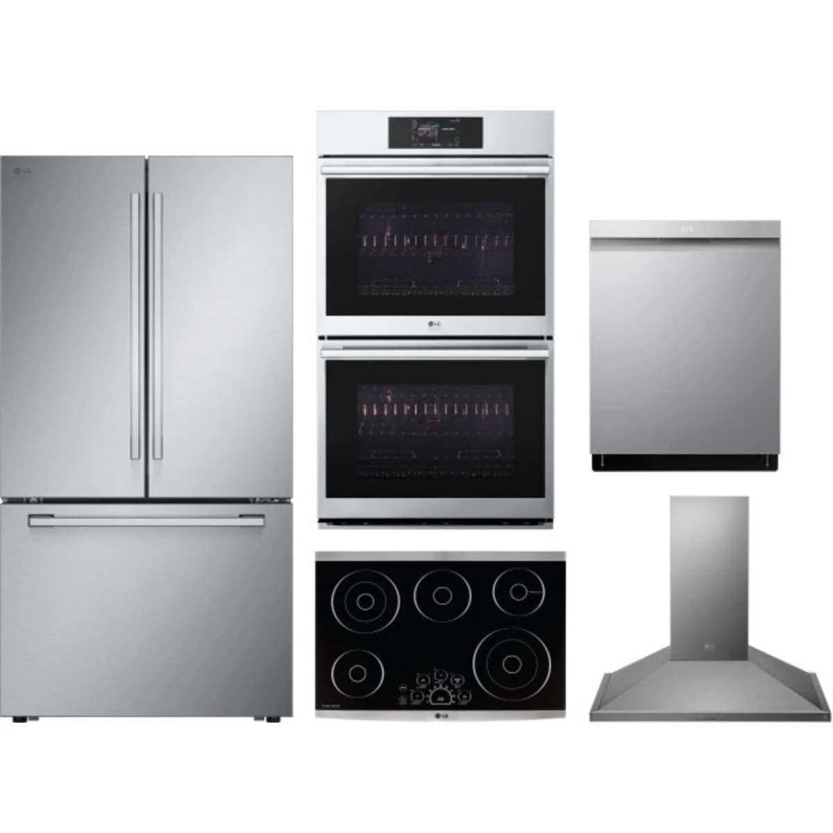 LG 5-Piece Package SRFB27S3 36 Counter-Depth Freestanding French-Door Smart Refrigerator and LSCE305ST 30 Smoothtop Electric Cooktop and LDPS6762S 24 Integrated Dishwasher and WDES9428F 30 Wall Oven and LSHD3080ST 30 Hood