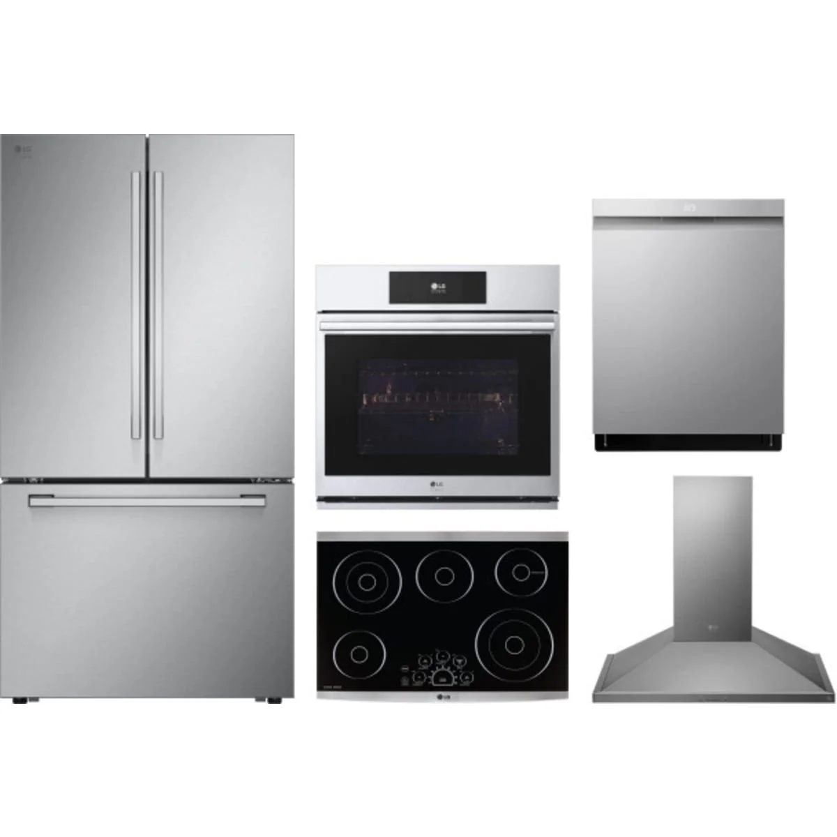 LG 5-Piece Package SRFB27S3 36 Counter-Depth Freestanding French-Door Smart Refrigerator and LSCE305ST 30 Smoothtop Electric Cooktop and LDPS6762S 24 Integrated Dishwasher and WSES4728F 30 Electric Wall Oven and LSHD3080ST 30 Hood
