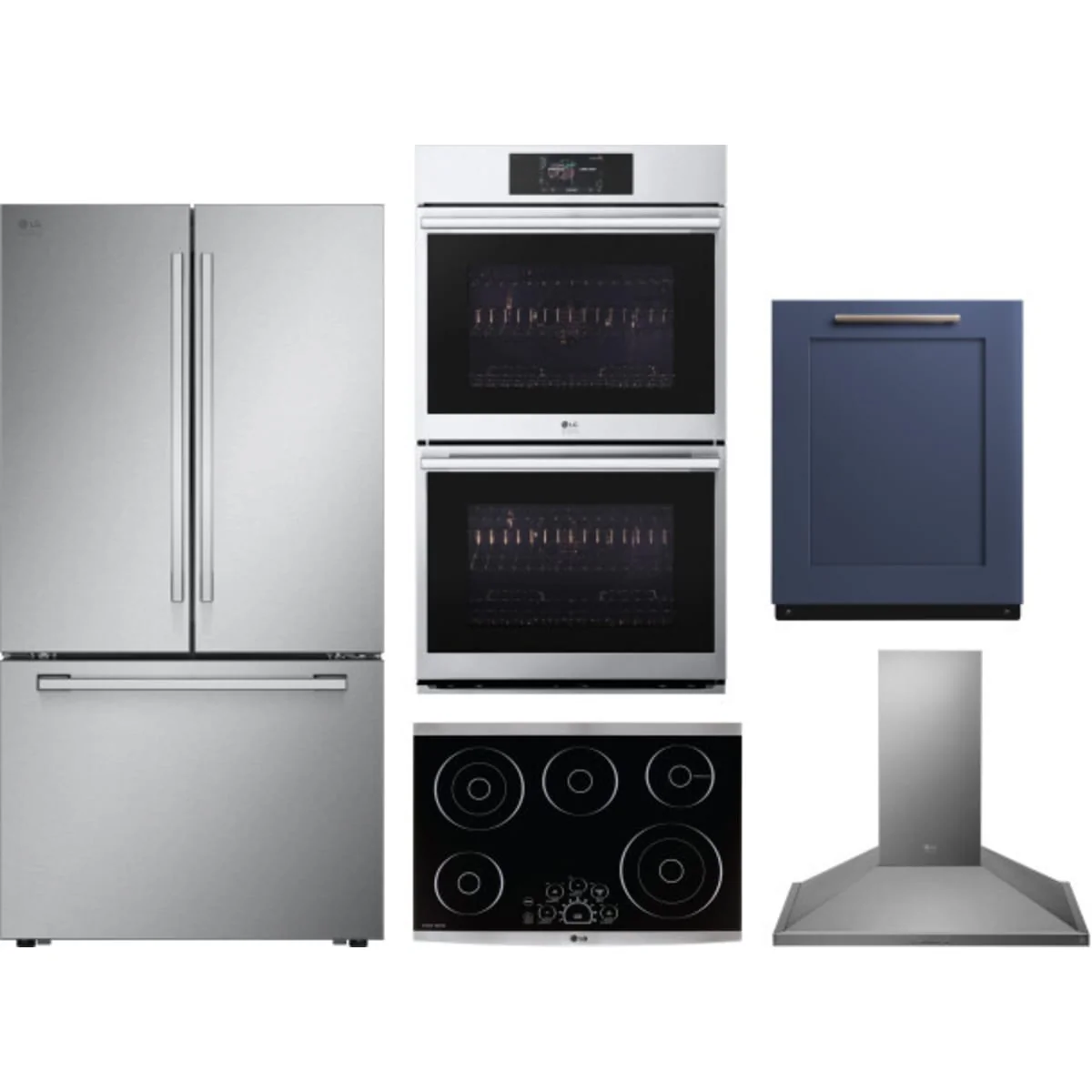 LG 5-Piece Package SRFB27S3 36 Counter-Depth Freestanding French-Door Smart Refrigerator and LSCE305ST 30 Smoothtop Electric Cooktop and WDES9428F 30 Wall Oven and SDWD24P3 24 Integrated Dishwasher and LSHD3080ST 30 Hood