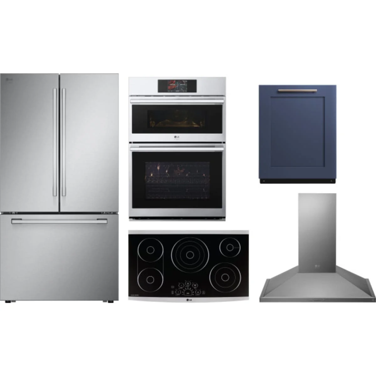 LG 5-Piece Package SRFB27S3 36 Counter-Depth Freestanding French-Door Smart Refrigerator and LSCE365ST 36 Smoothtop Electric Cooktop and WCES6428F 30 Combination Wall Oven and SDWD24P3 24 Integrated Dishwasher and LSHD3680ST 36 Hood