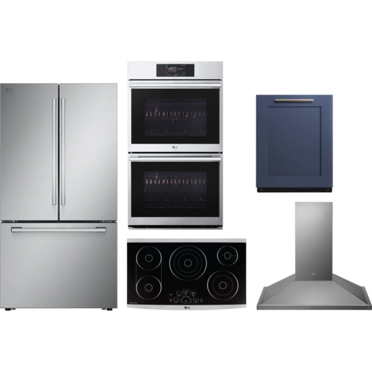 LG 5-Piece Package SRFB27S3 36 Counter-Depth Freestanding French-Door Smart Refrigerator and LSCE365ST 36 Smoothtop Electric Cooktop and WDES9428F 30 Wall Oven and SDWD24P3 24 Integrated Dishwasher and LSHD3680ST 36 Hood