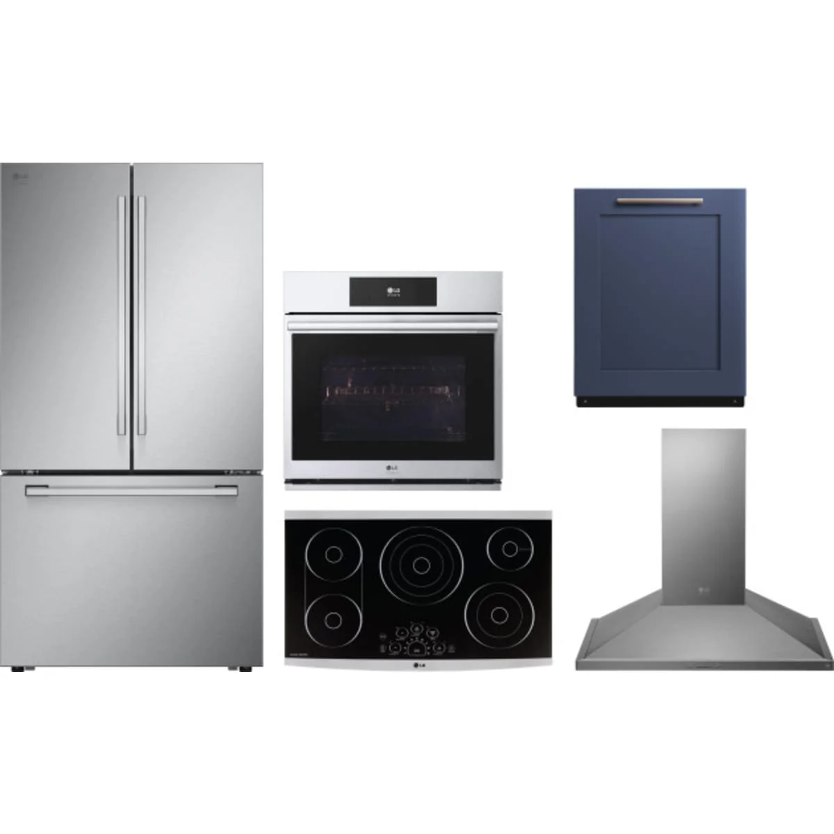 LG 5-Piece Package SRFB27S3 36 Counter-Depth Freestanding French-Door Smart Refrigerator and LSCE365ST 36 Smoothtop Electric Cooktop and WSES4728F 30 Electric Wall Oven and SDWD24P3 24 Integrated Dishwasher and LSHD3680ST 36 Hood