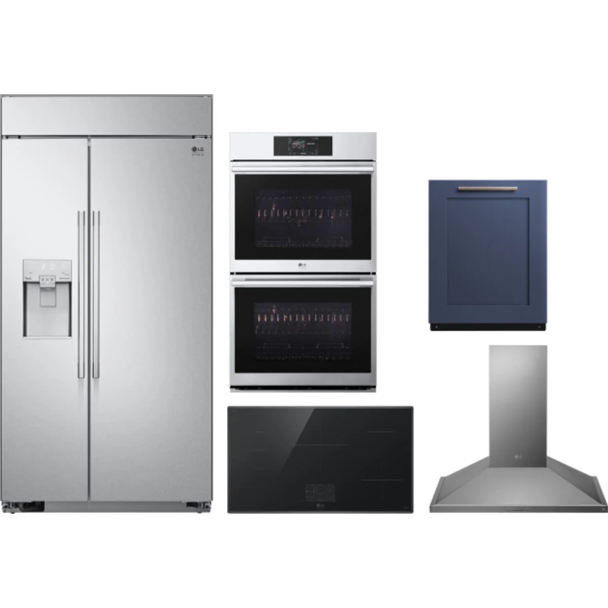 LG 5-Piece Package SRSXB2622S 42 Built In Side By Side Refrigerator and CBIS3618BE 36 Induction Cooktop and WDES9428F 30 Smart Double Electric Wall Oven and SDWD24P3 24 Integrated Smart Dishwasher and LSHD3680ST 36 Wall Mount Smart Chimney Hood