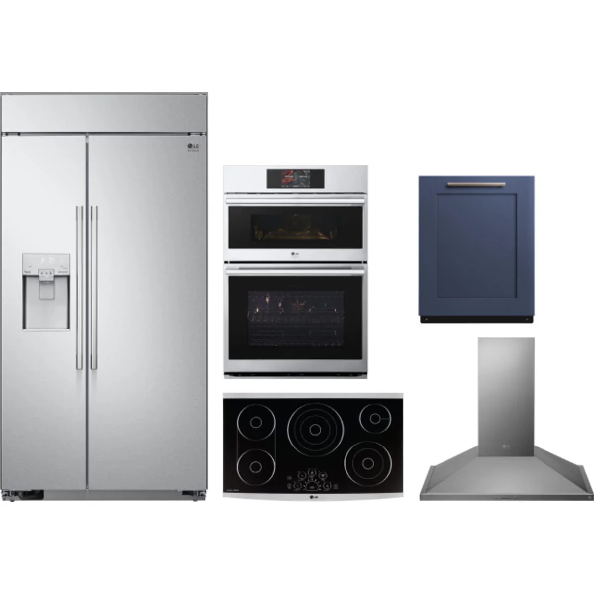 LG 5-Piece Package SRSXB2622S 42 Built In Side By Side Refrigerator and LSCE365ST 36 Smoothtop Electric Cooktop and WCES6428F 30 Combination Wall Oven and SDWD24P3 24 Integrated Dishwasher and LSHD3680ST 36 Hood